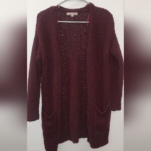 Burgundy Open-Front Long Cardigan with Airy Knit
